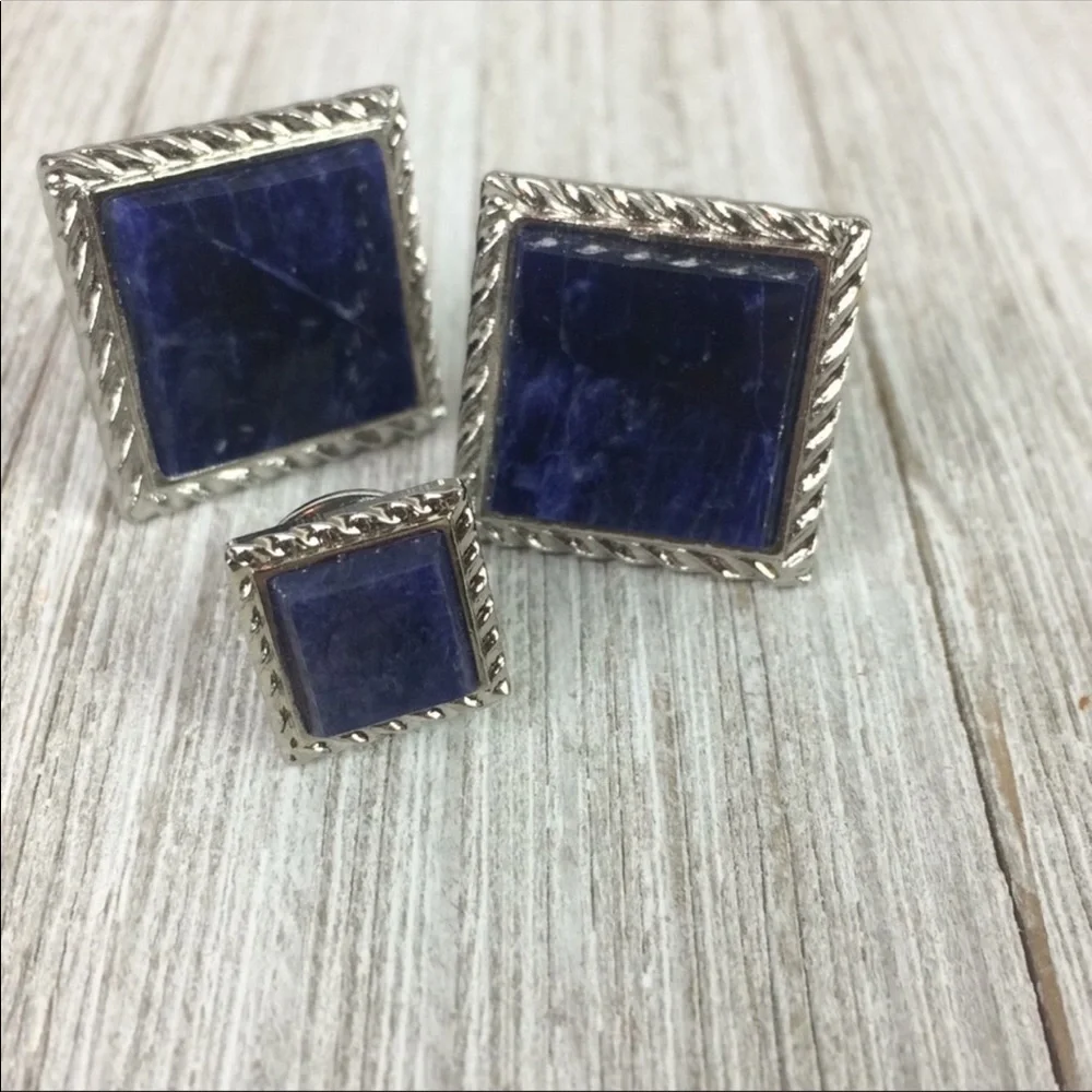 Vintage Marbleized Blue Glass Square Links & Tack